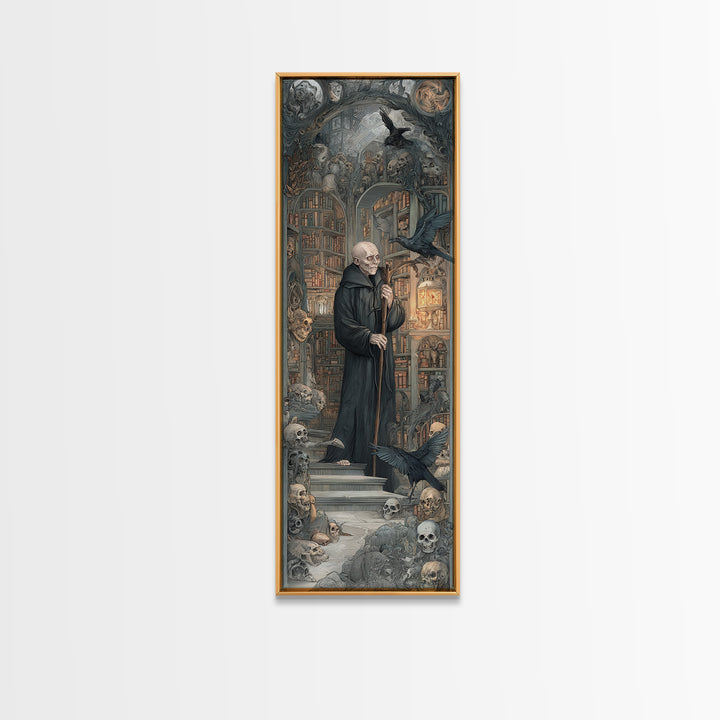 The Crypt Librarian, Medieval Grotesque Art, Tall Narrow Wall Art, Gothic Horror Wall Art, Framed Canvas Print, Halloween Wall Art