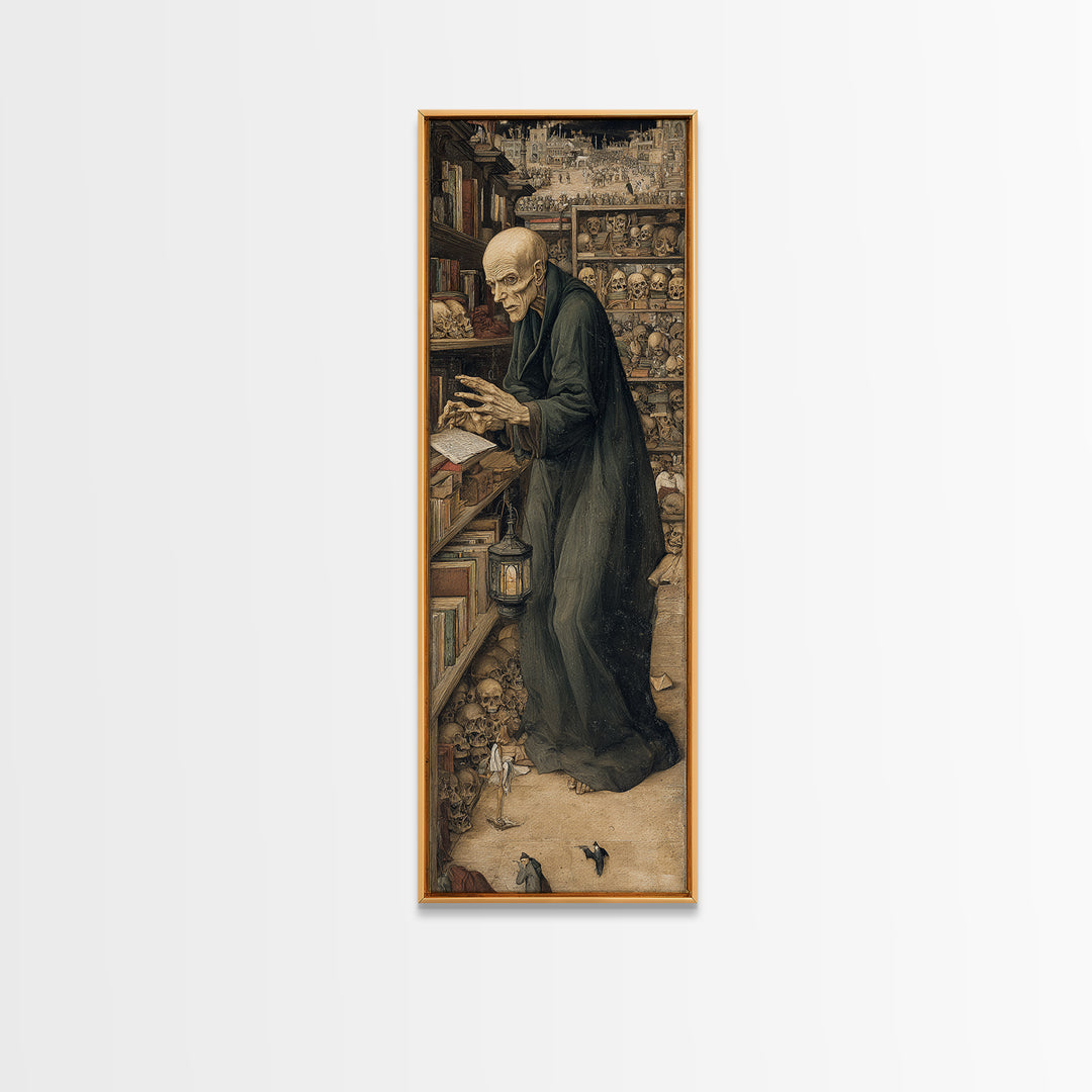 The Crypt Librarian, Northern Renaissance Horror, Tall Narrow Wall Art, Dark Fantasy Wall Art, Canvas Print, Halloween Wall Art