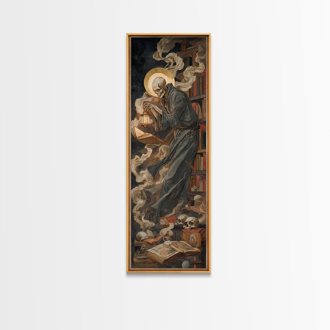 The Crypt Librarian, Dark Renaissance Art, Tall Narrow Wall Art, Dark Halloween Decor, Canvas Print, Halloween Wall Art