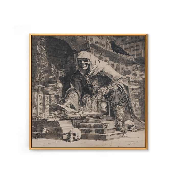 The Crypt Librarian, Renaissance Engraving Art, Square Wall Art, Dark Halloween Decor, Framed Canvas Print, Halloween Wall Art
