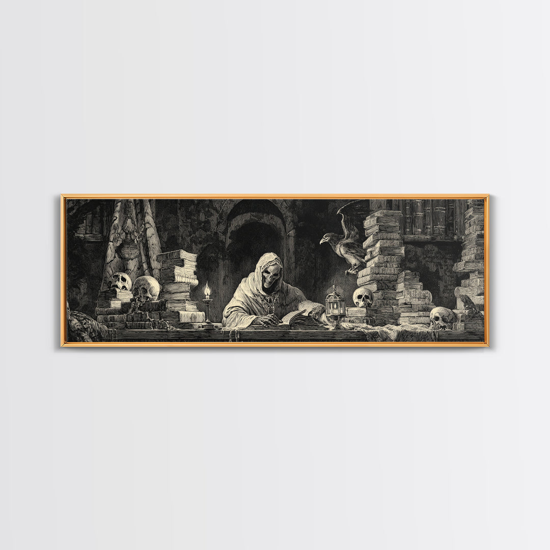 The Crypt Librarian, Dark Romantic Horror Art, Extra Wide Wall Art, Macabre Wall Art, Framed Canvas Print, Halloween Wall Art