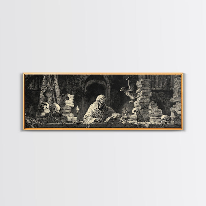 The Crypt Librarian, Dark Romantic Horror Art, Extra Wide Wall Art, Macabre Wall Art, Framed Canvas Print, Halloween Wall Art
