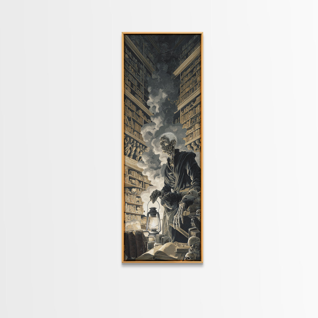 The Crypt Librarian, Architectural Etching Art, Tall Narrow Wall Art, Gothic Horror Wall Art, Framed Canvas Print