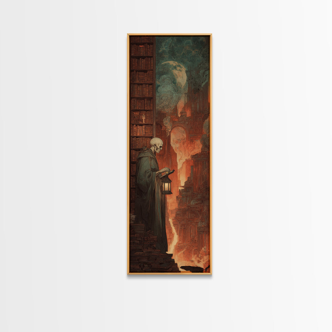 The Crypt Librarian, Apocalyptic Romantic Art, Tall Narrow Wall Art, Dark Fantasy Wall Art, Framed Canvas Print, Halloween Wall Art