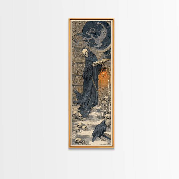 The Crypt Librarian, Symbolist Death Art, Tall Narrow Wall Art, Dark Halloween Decor, Framed Canvas Print, Halloween Wall Art