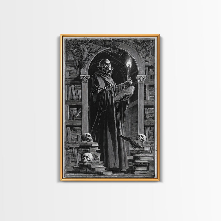 The Crypt Librarian, Symbolist Etching Art, Vertical Wall Art, Gothic Horror Wall Art, Framed Canvas Print, Halloween Wall Art
