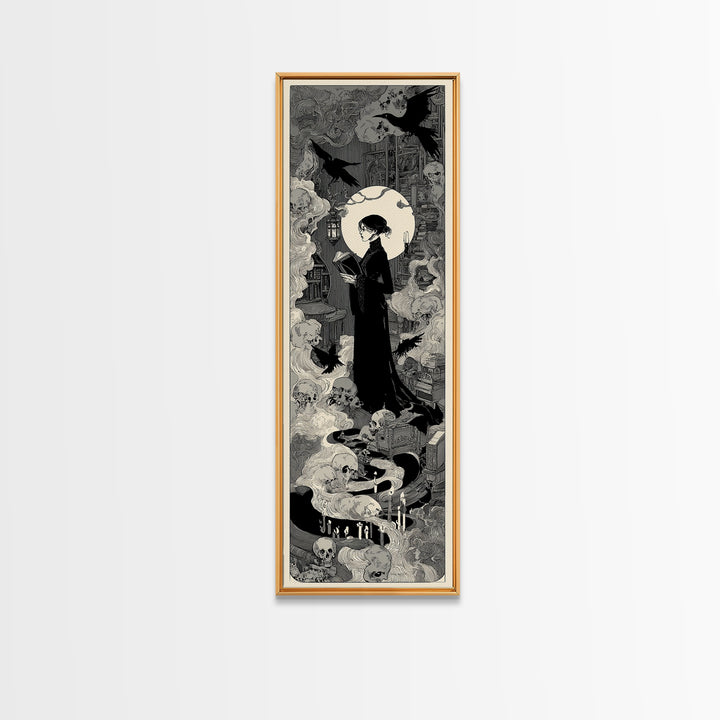 The Crypt Librarian, Decadent Line Art, Tall Narrow Wall Art, Dark Fantasy Wall Art, Framed Canvas Print, Halloween Wall Art