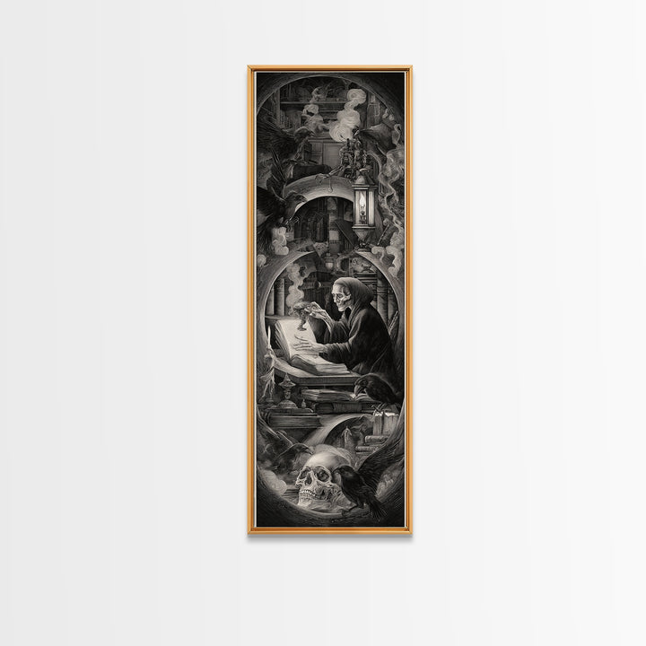 The Crypt Librarian, Biomechanical Horror Art, Tall Narrow Wall Art, Macabre Wall Art, Framed Canvas Print, Halloween Wall Art