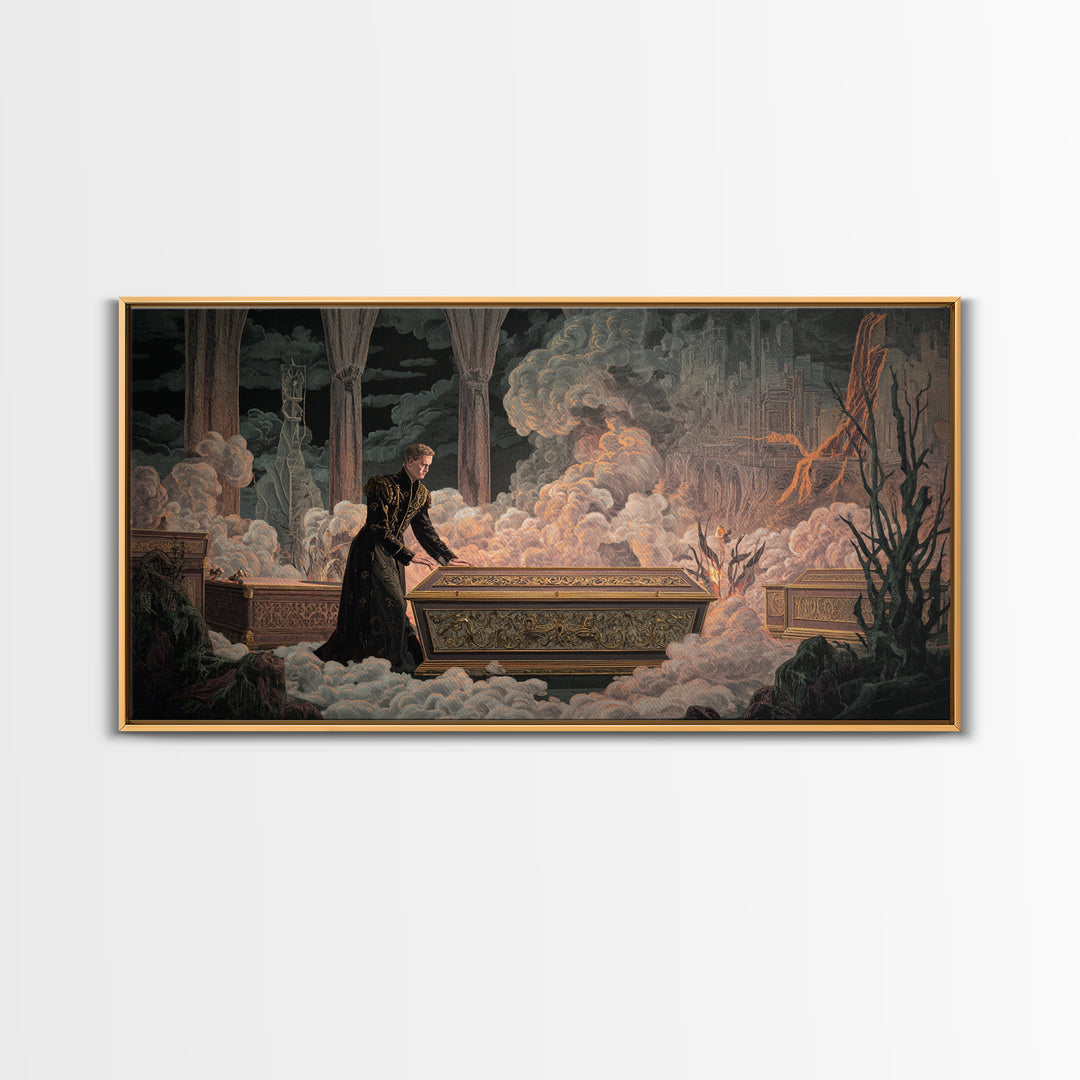 The Royal Coffin Maker, Apocalyptic Romantic Art, Wide Panoramic Art, Macabre Wall Art, Framed Canvas Print, Halloween Wall Art