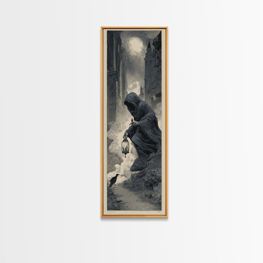 The Soul Collector, Gothic Engraving Art, Tall Narrow Wall Art, Dark Halloween Decor, Canvas Print, Halloween Wall Art