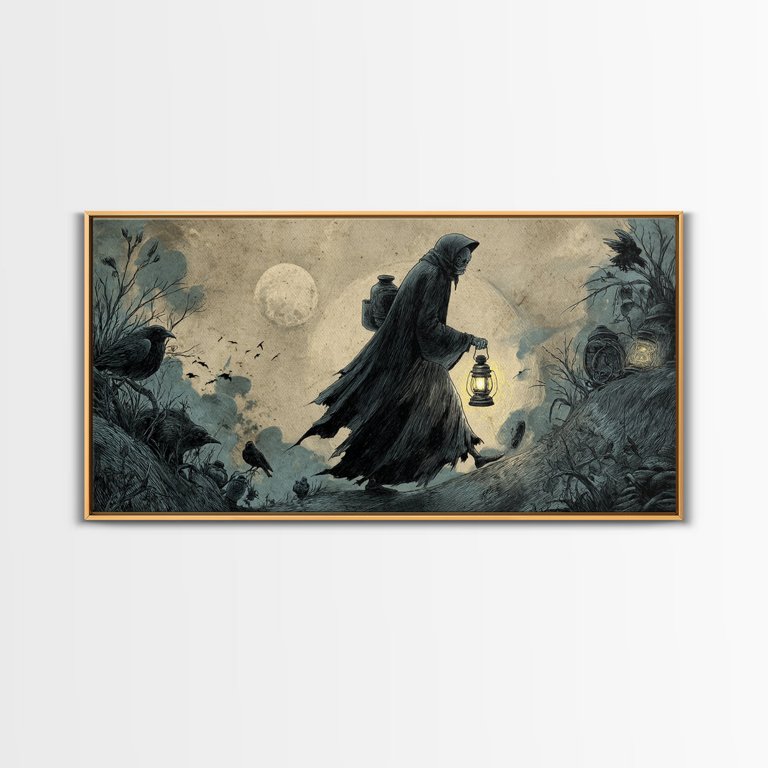 The Soul Collector, Expressionist Nightmare Art, Wide Panoramic Art, Dark Fantasy Wall Art, Framed Canvas Print, Halloween Wall Art