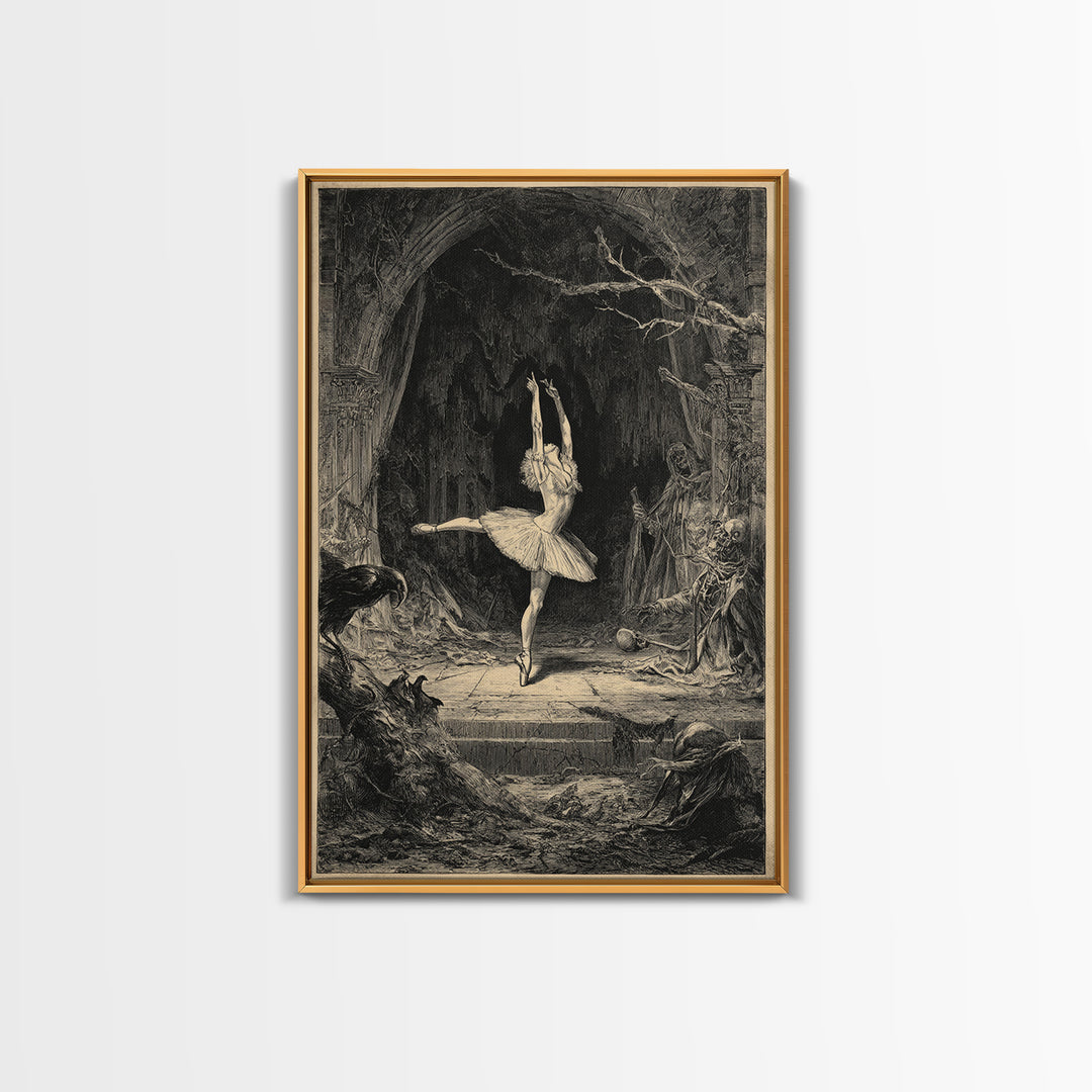 The Phantom Ballerina, Renaissance Engraving Art, Vertical Wall Art, Macabre Wall Art, Framed Canvas Print, Halloween Wall Art