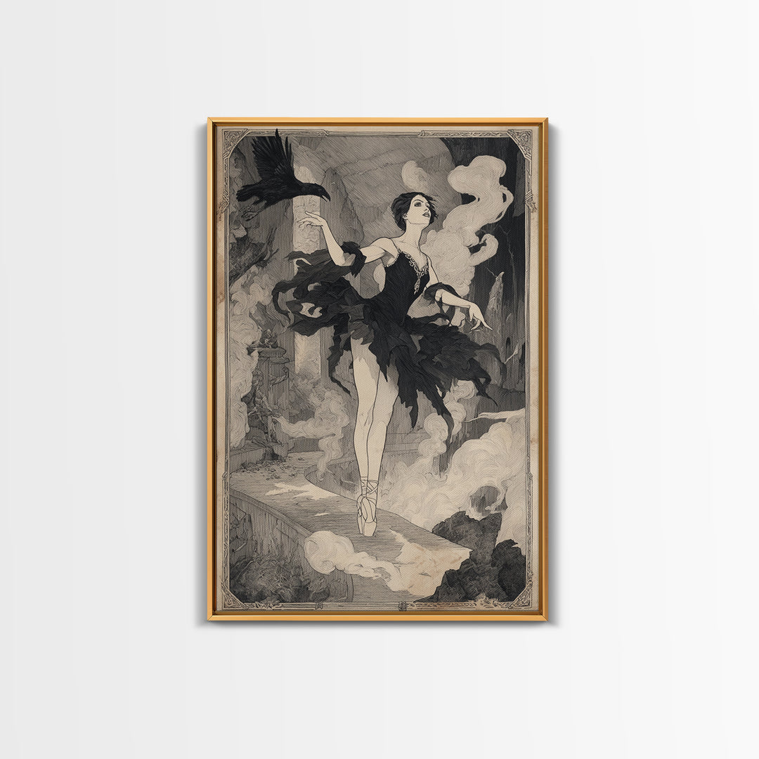 The Phantom Ballerina, Decadent Line Art, Vertical Wall Art, Dark Halloween Decor, Framed Canvas Print, Halloween Wall Art