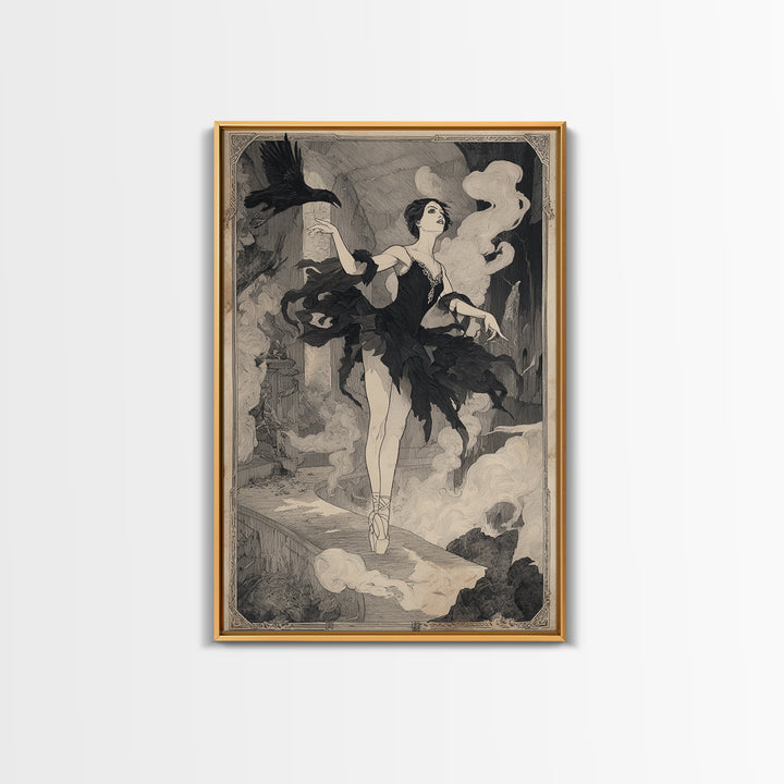 The Phantom Ballerina, Decadent Line Art, Vertical Wall Art, Dark Halloween Decor, Framed Canvas Print, Halloween Wall Art