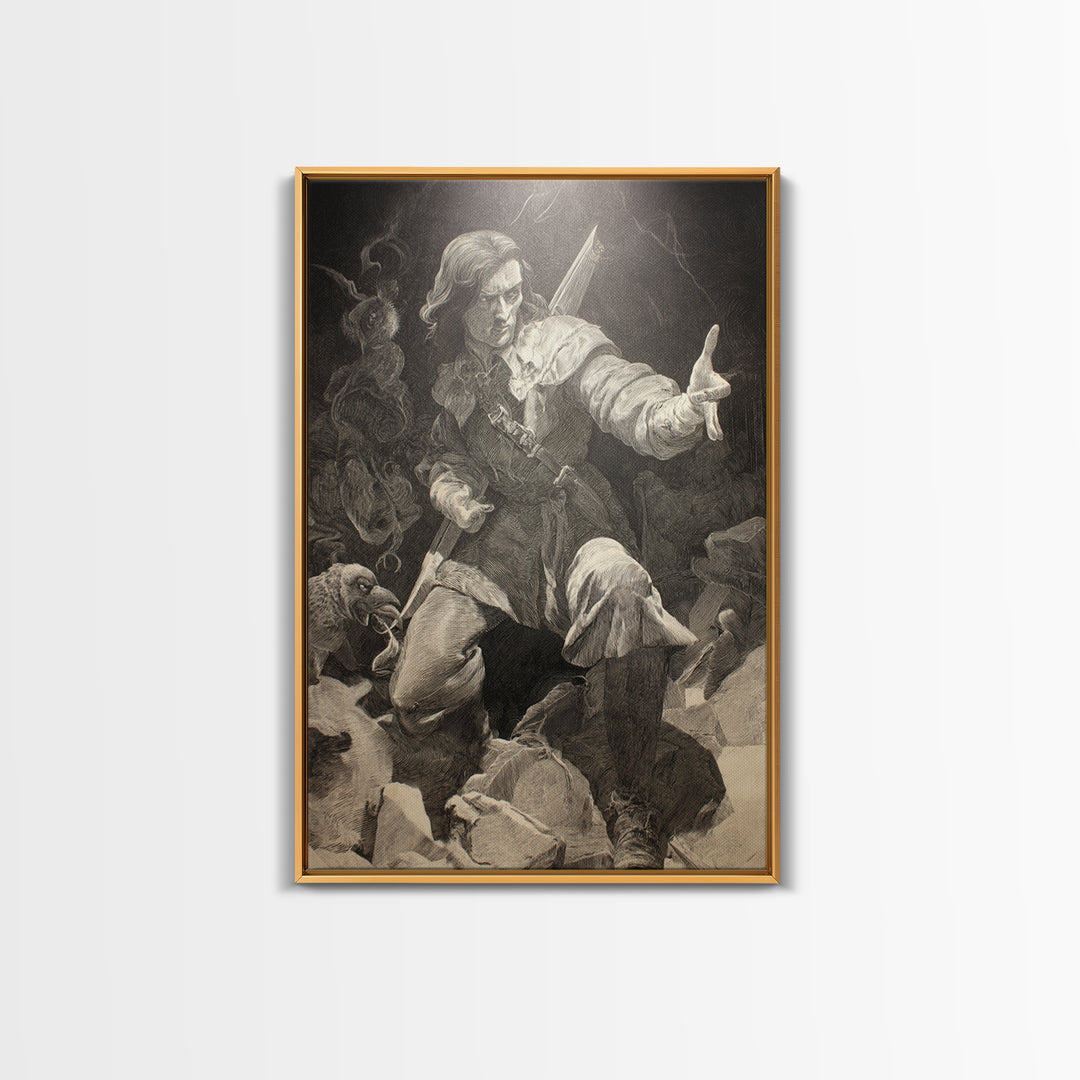 The Ghost Of The Witch Hunter, Renaissance Engraving Art, Vertical Wall Art, Macabre Wall Art, Framed Canvas Print, Halloween Wall Art