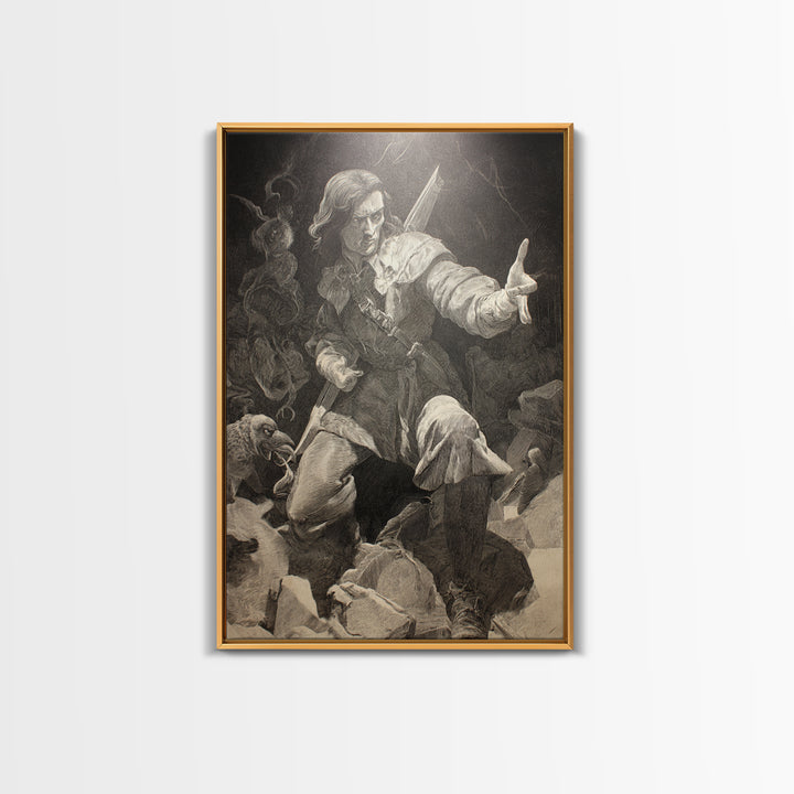 The Ghost Of The Witch Hunter, Renaissance Engraving Art, Vertical Wall Art, Macabre Wall Art, Framed Canvas Print, Halloween Wall Art