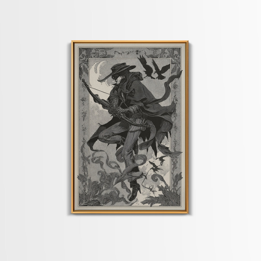 The Ghost Of The Witch Hunter, Decadent Line Art, Vertical Wall Art, Dark Halloween Decor, Framed Canvas Print, Horror Wall Art