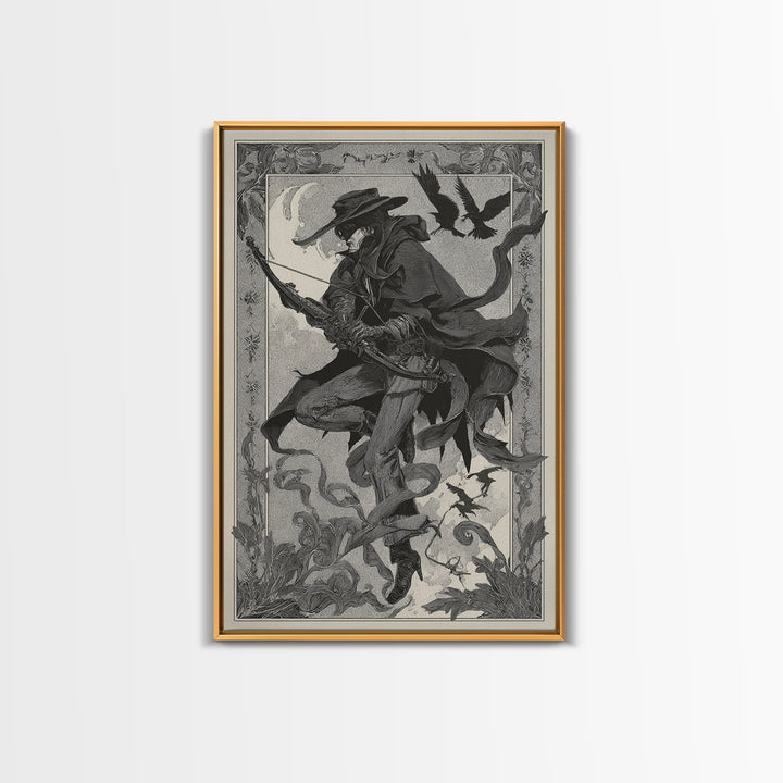 The Ghost Of The Witch Hunter, Decadent Line Art, Vertical Wall Art, Dark Halloween Decor, Framed Canvas Print, Horror Wall Art