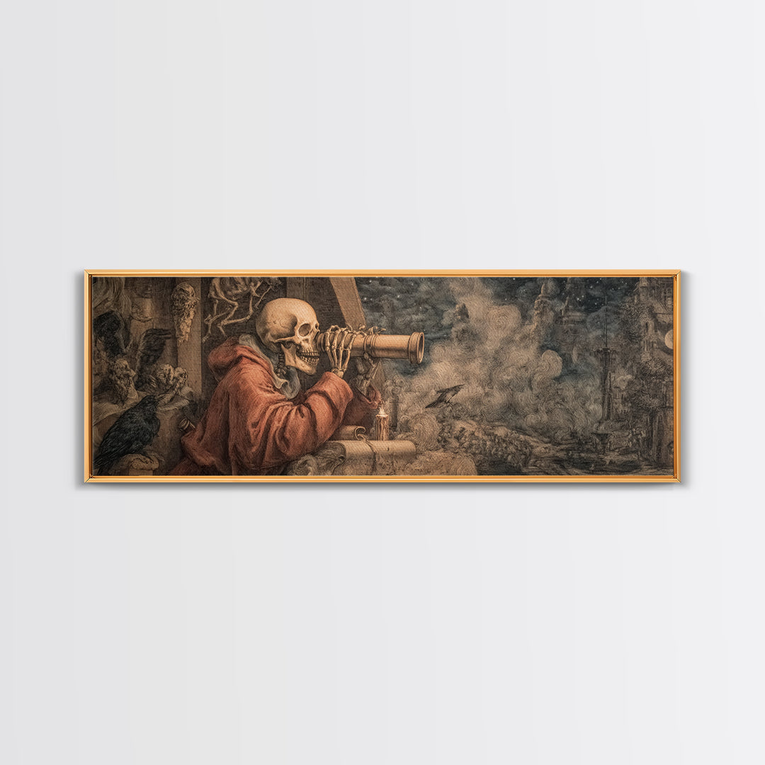 The Skull Astronomer, Medieval Grotesque Art, Extra Wide Wall Art, Dark Fantasy Wall Art, Framed Canvas Print, Halloween Wall Art