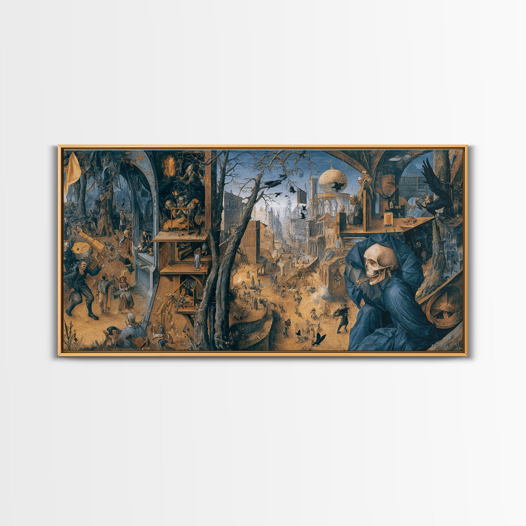 The Skull Astronomer, Northern Renaissance Horror, Wide Panoramic Art, Dark Fantasy Wall Art, Framed Canvas Print
