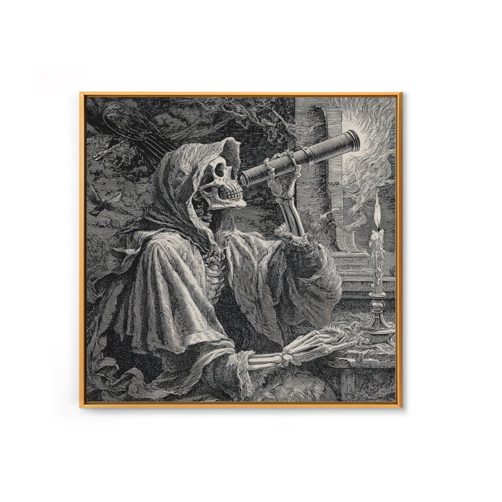 The Skull Astronomer, Renaissance Engraving Art, Square Wall Art, Dark Fantasy Wall Art, Framed Canvas Print, Halloween Wall Art