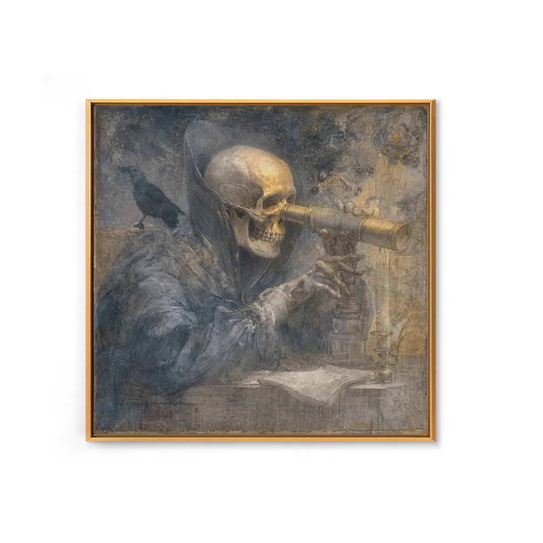 The Skull Astronomer, Symbolist Dream Art, Square Wall Art, Dark Fantasy Wall Art, Framed Canvas Print, Halloween Wall Art