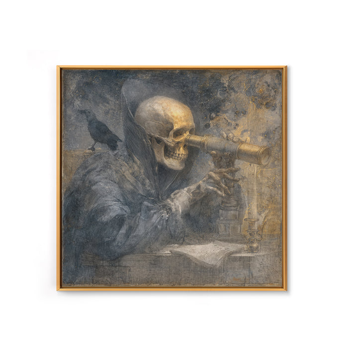 The Skull Astronomer, Symbolist Dream Art, Square Wall Art, Dark Fantasy Wall Art, Framed Canvas Print, Halloween Wall Art