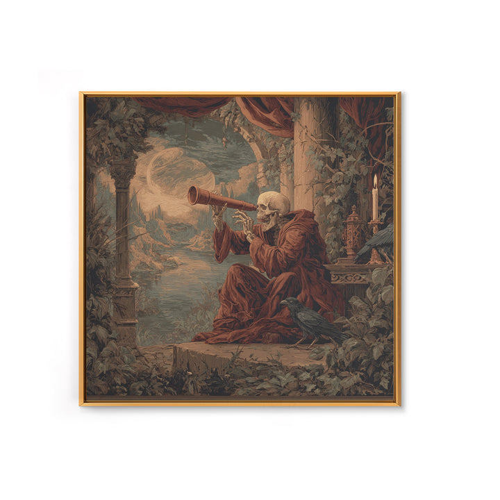 The Skull Astronomer, Symbolist Gothic Landscape, Square Wall Art, Dark Halloween Decor, Canvas Print, Halloween Wall Art