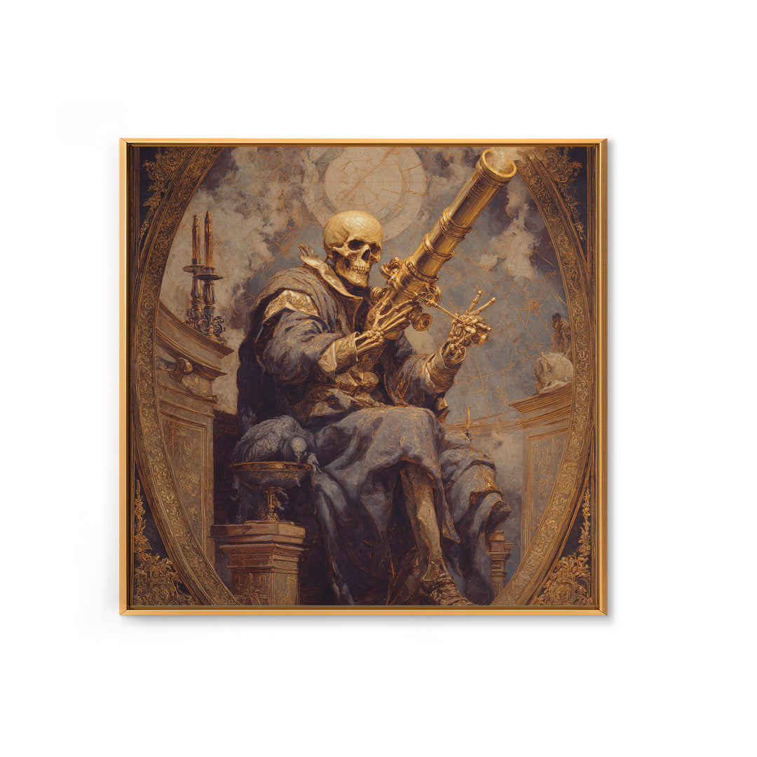 The Skull Astronomer, Ornate Symbolist Art, Square Wall Art, Macabre Wall Art, Framed Canvas Print, Halloween Wall Art