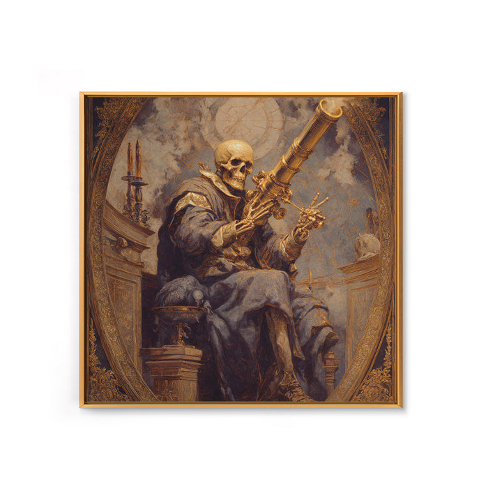 The Skull Astronomer, Ornate Symbolist Art, Square Wall Art, Macabre Wall Art, Framed Canvas Print, Halloween Wall Art