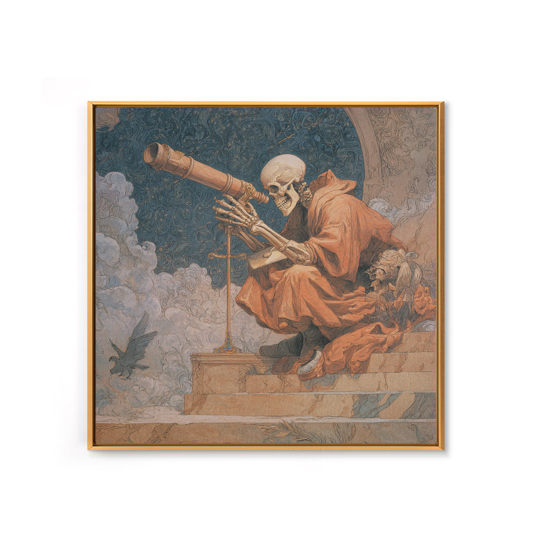 The Skull Astronomer, Symbolist Death Art, Square Wall Art, Dark Halloween Decor, Canvas Print, Halloween Wall Art