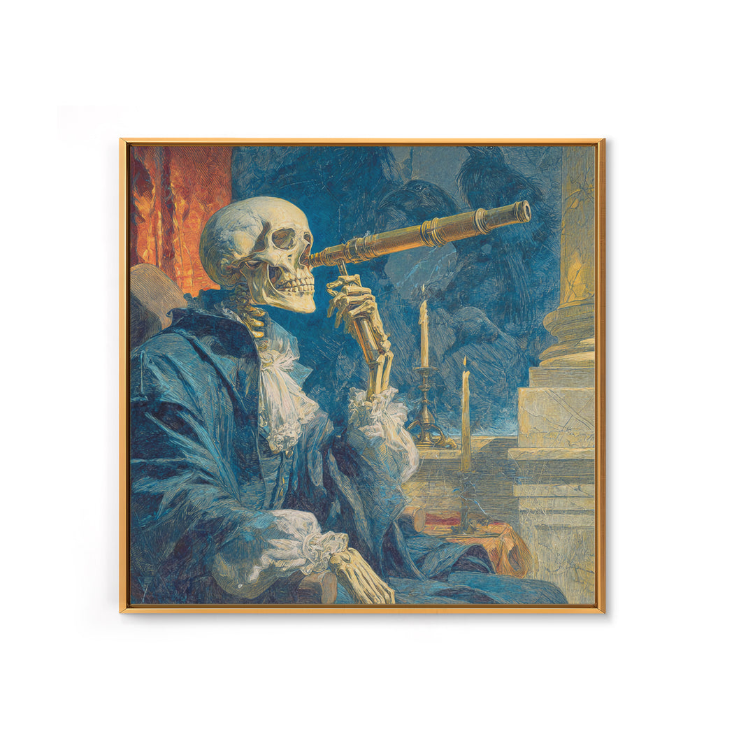 The Skull Astronomer, Symbolist Etching Art, Square Wall Art, Dark Fantasy Wall Art, Framed Canvas Print, Halloween Wall Art