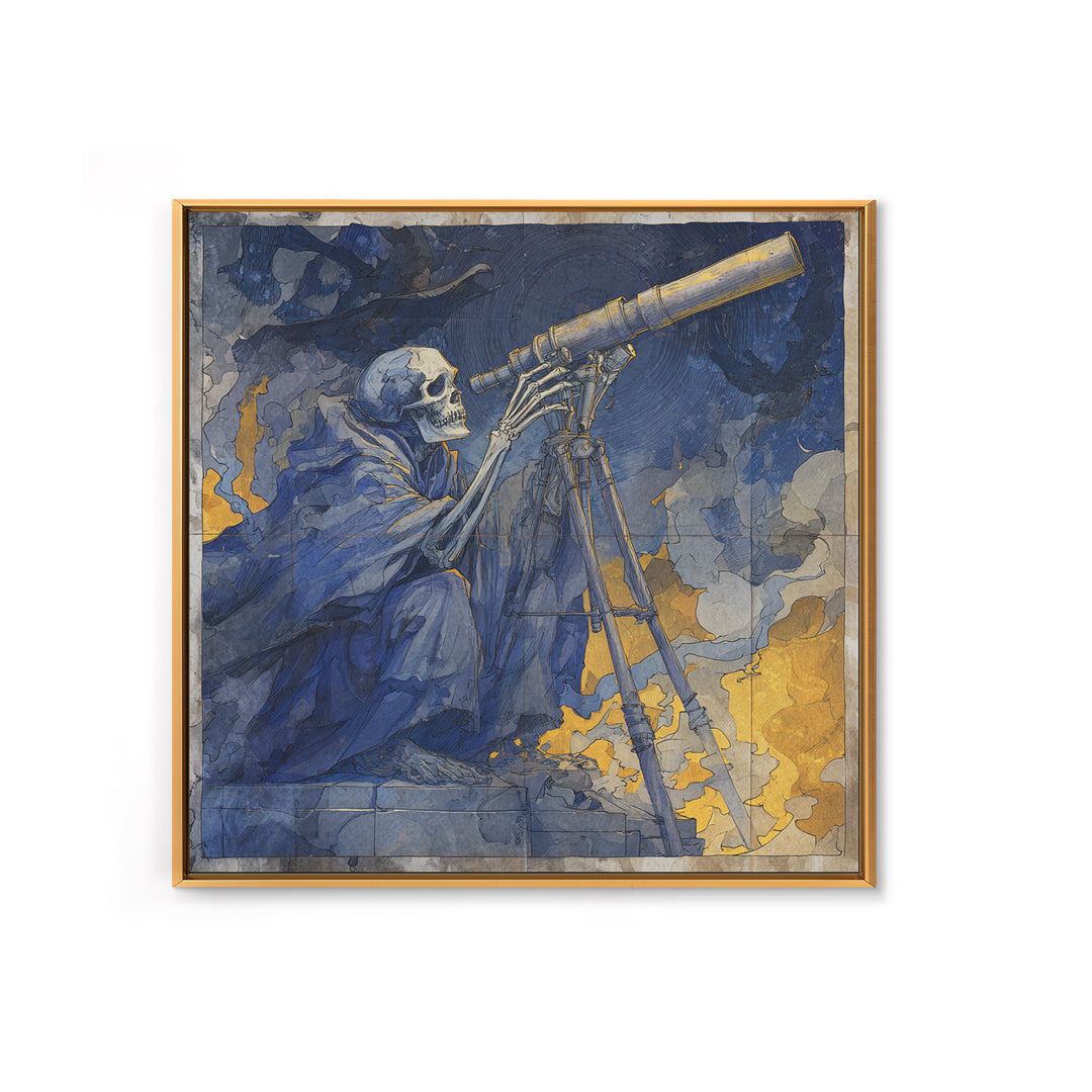 The Skull Astronomer, Expressionist Gothic Art, Square Wall Art, Gothic Horror Wall Art, Framed Canvas Print, Halloween Wall Art