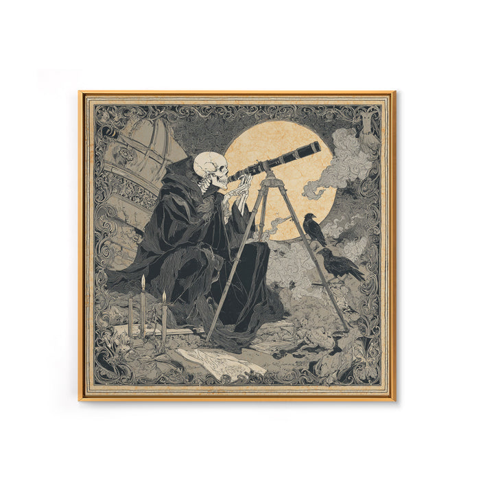 The Skull Astronomer, Decadent Line Art, Square Wall Art, Dark Fantasy Wall Art, Framed Canvas Print, Halloween Wall Art