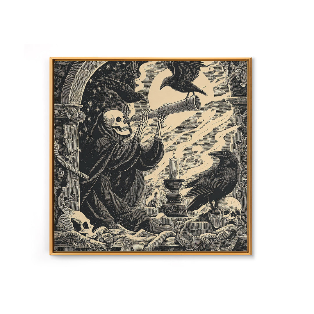 The Skull Astronomer, Macabre Folk Print Art, Square Wall Art, Gothic Horror Wall Art, Framed Canvas Print, Halloween Wall Art