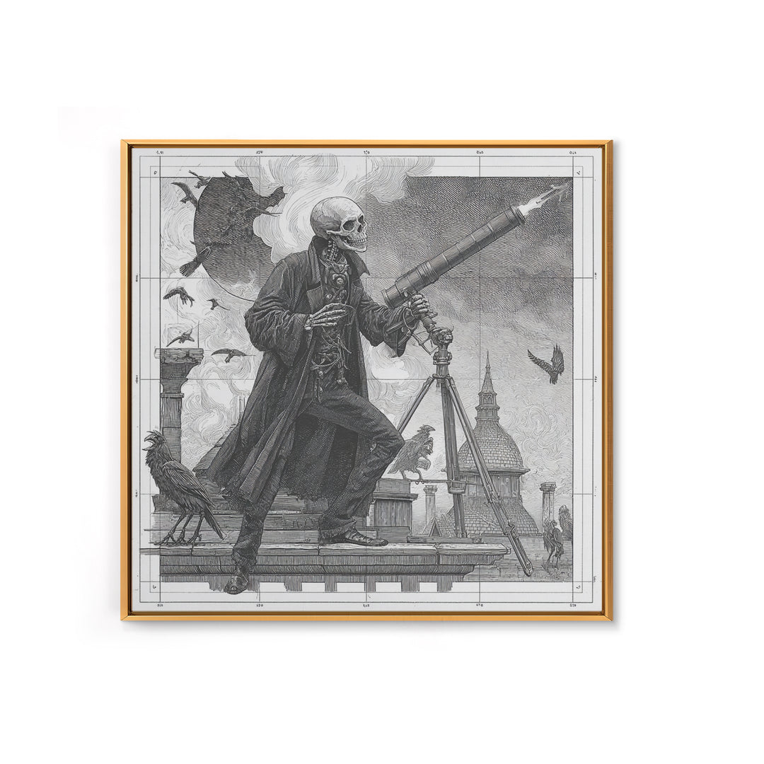 The Skull Astronomer, Victorian Macabre Art, Square Wall Art, Macabre Wall Art, Framed Canvas Print, Halloween Wall Art