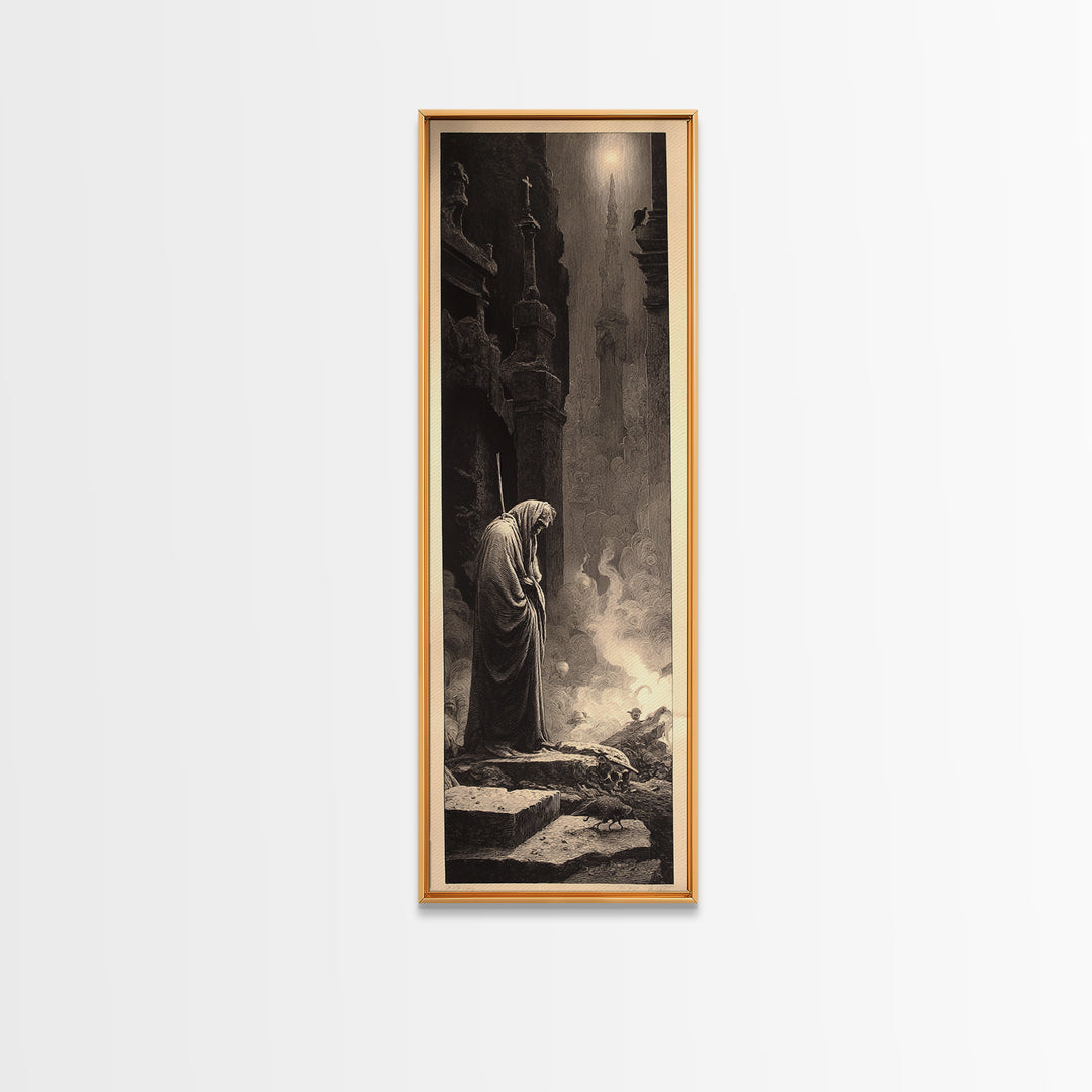 The Cemetery Beekeeper, Gothic Engraving Art, Tall Narrow Wall Art, Dark Fantasy Wall Art, Framed Canvas Print, Halloween Wall Art