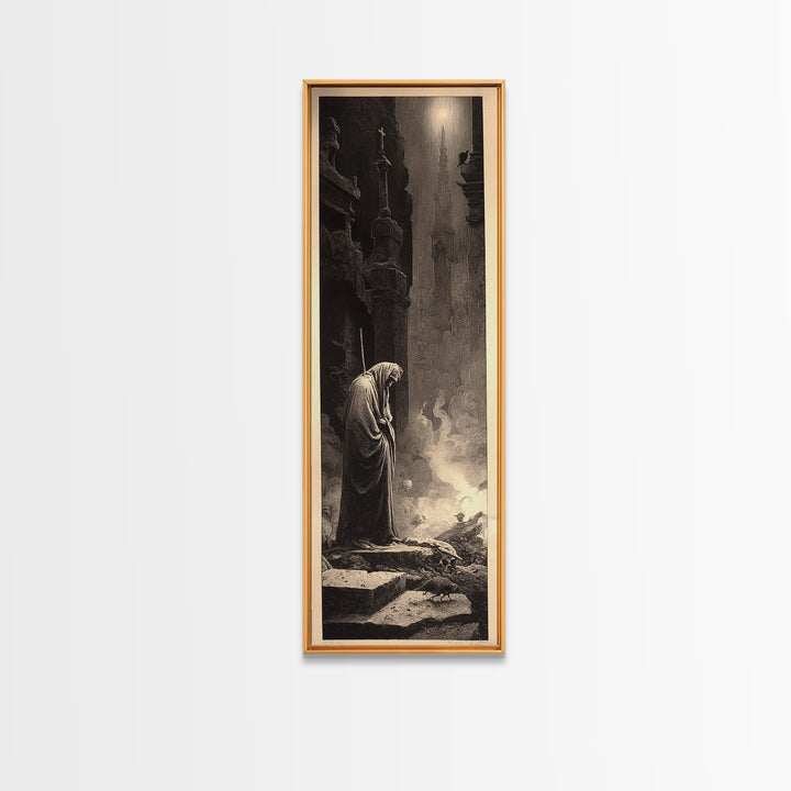 The Cemetery Beekeeper, Gothic Engraving Art, Tall Narrow Wall Art, Dark Fantasy Wall Art, Framed Canvas Print, Halloween Wall Art