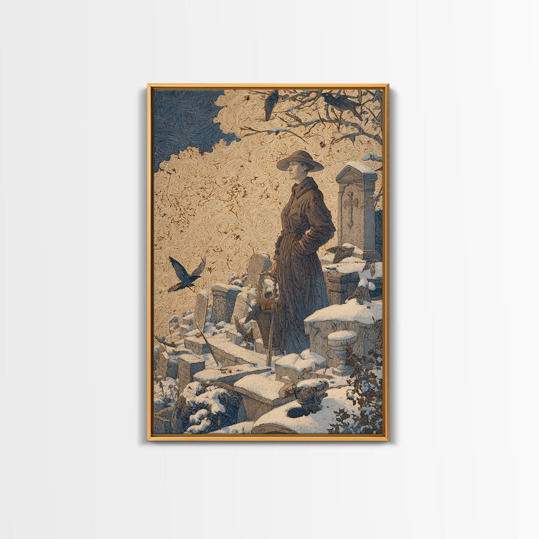 The Cemetery Beekeeper, Symbolist Death Art, Vertical Wall Art, Dark Halloween Decor, Framed Canvas Print, Halloween Wall Art