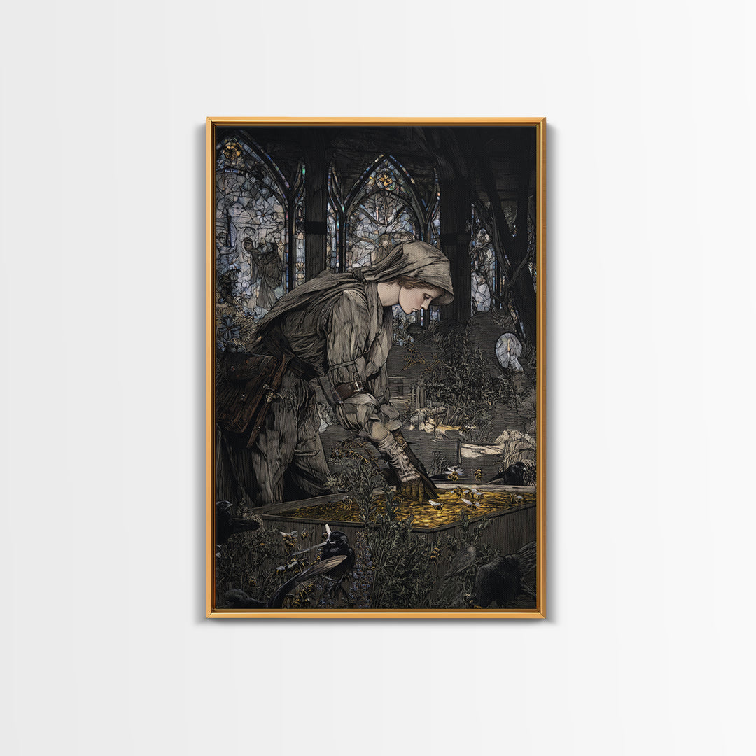 The Cemetery Beekeeper, Stained Glass Gothic Art, Vertical Wall Art, Dark Halloween Decor, Framed Canvas Print, Halloween Wall Art