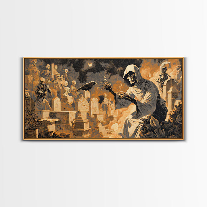 The Cemetery Beekeeper, Macabre Folk Print Art, Wide Panoramic Art, Dark Fantasy Wall Art, Canvas Print, Halloween Wall Art