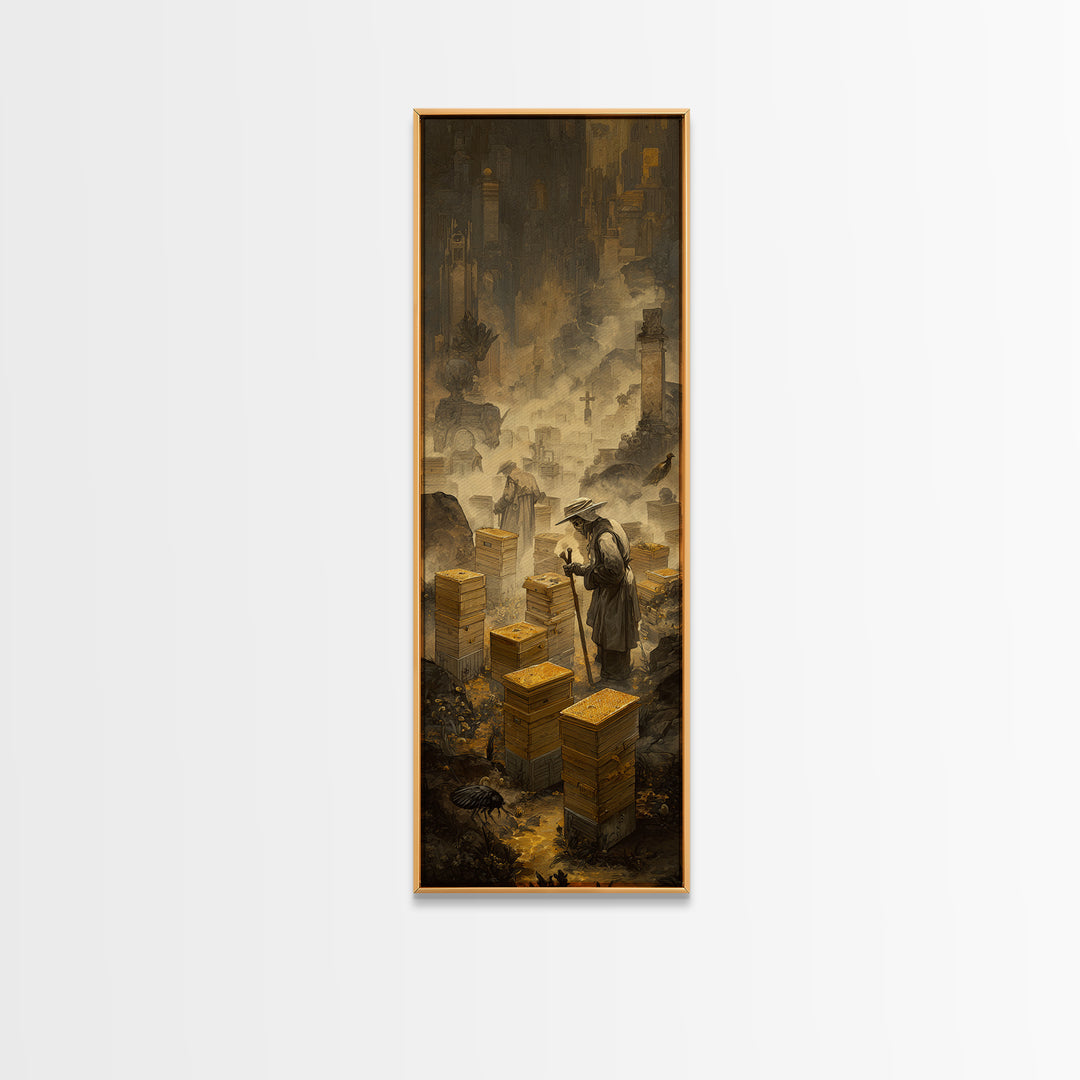 The Cemetery Beekeeper, Surreal Apocalyptic Art, Tall Narrow Wall Art, Dark Fantasy Wall Art, Framed Canvas Print, Macabre Wall Art