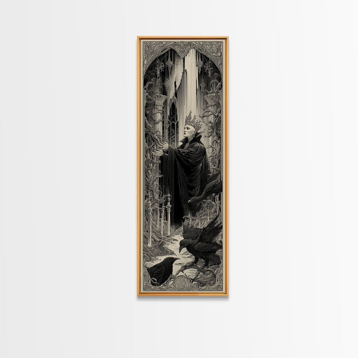 The Thorn-Crowned King, Gothic Engraving Art, Tall Narrow Wall Art, Dark Halloween Decor, Framed Canvas Print, Halloween Wall Art