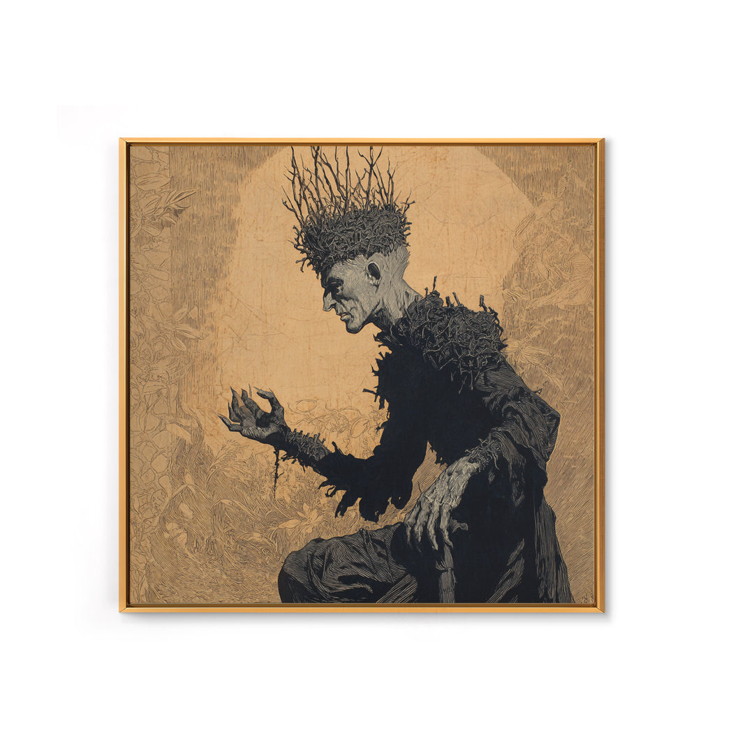 The Thorn-Crowned King, Symbolist Etching Art, Square Wall Art, Dark Halloween Decor, Framed Canvas Print, Halloween Wall Art