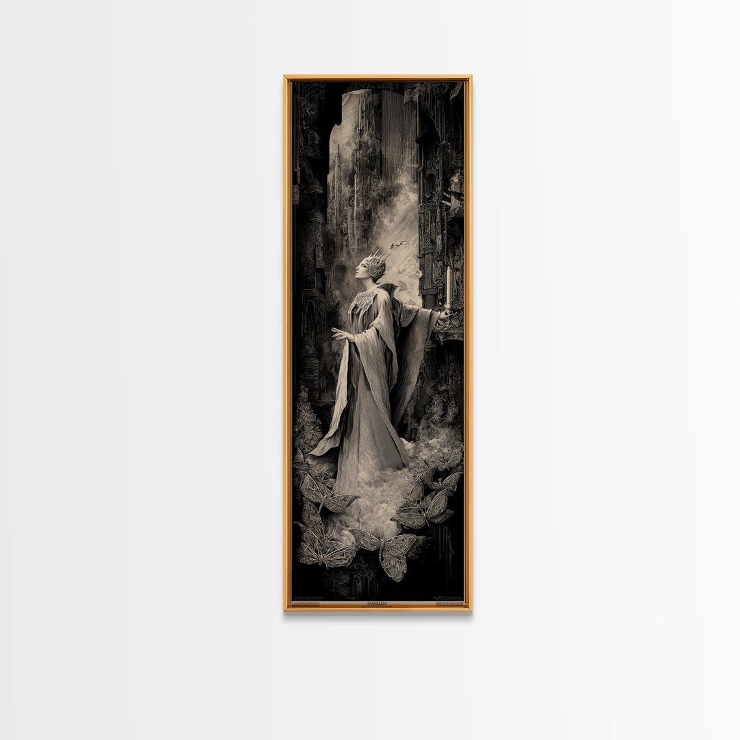 The Moth-Winged Empress, Gothic Engraving Art, Tall Narrow Wall Art, Dark Fantasy Wall Art, Framed Canvas Print, Halloween Wall Art