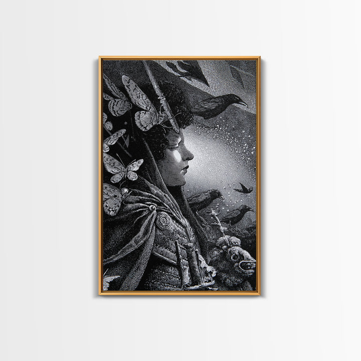 The Moth-Winged Empress, Renaissance Engraving Art, Vertical Wall Art, Macabre Wall Art, Framed Canvas Print, Halloween Wall Art