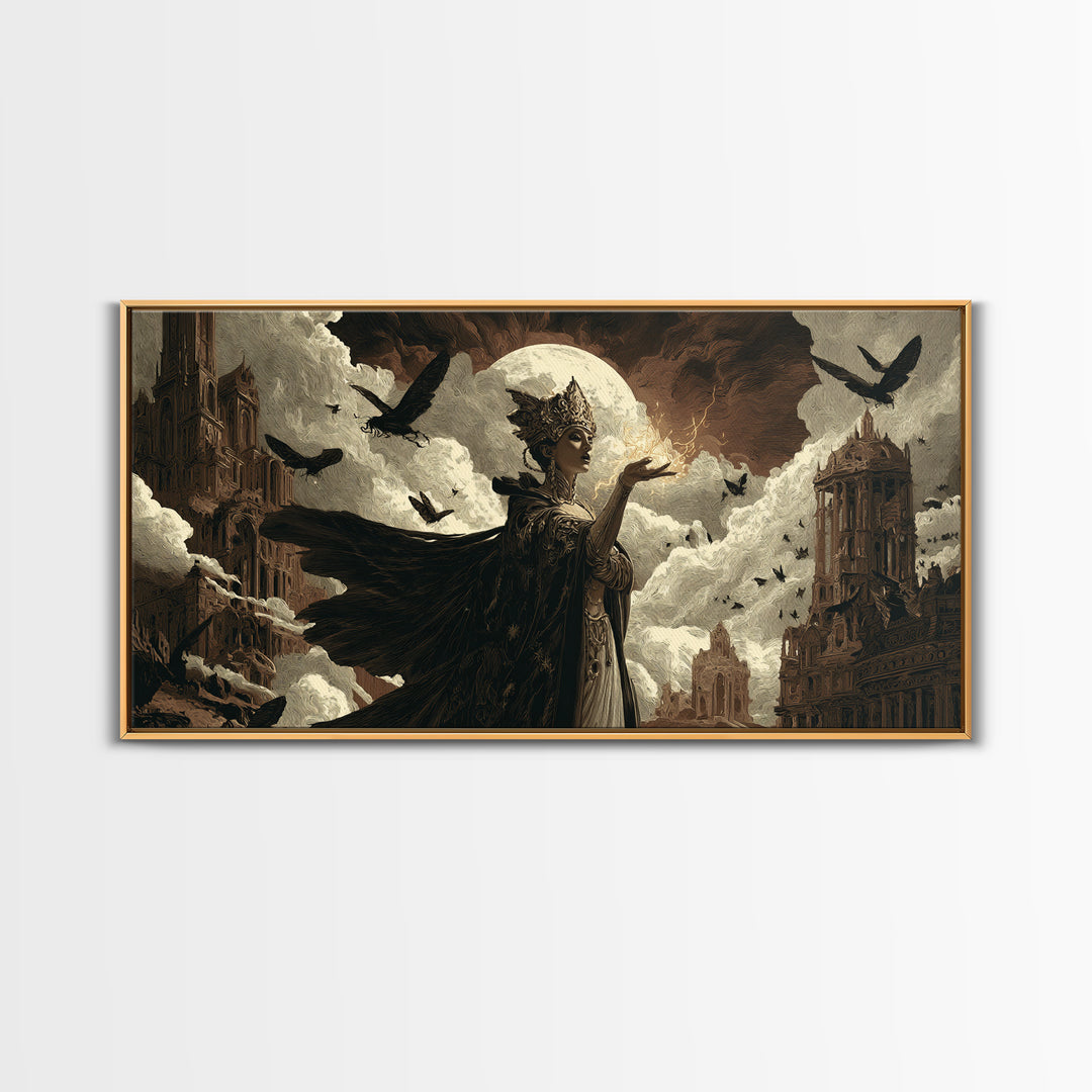 The Moth-Winged Empress, Apocalyptic Romantic Art, Wide Panoramic Art, Dark Fantasy Wall Art, Framed Canvas Print, Halloween Wall Art