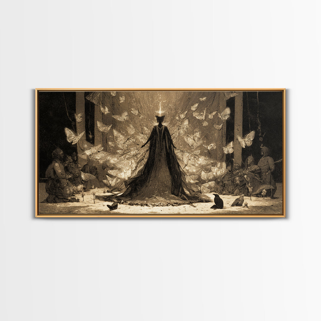The Moth-Winged Empress, Expressionist Nightmare Art, Wide Panoramic Art, Dark Halloween Decor, Framed Canvas Print, Halloween Wall Art