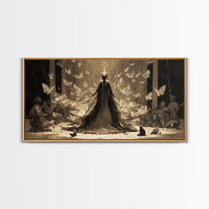 The Moth-Winged Empress, Expressionist Nightmare Art, Wide Panoramic Art, Dark Halloween Decor, Framed Canvas Print, Halloween Wall Art