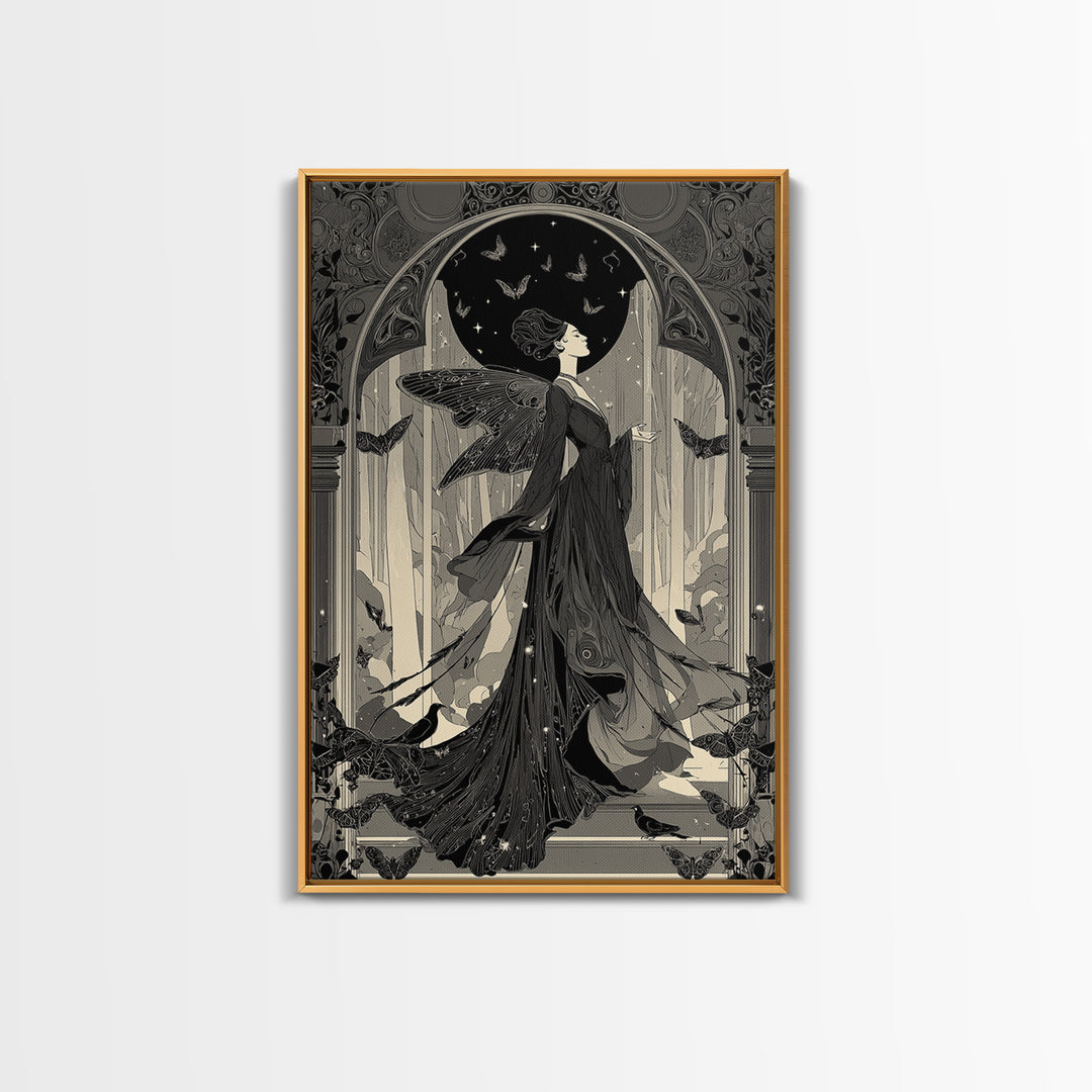 The Moth-Winged Empress, Decadent Line Art, Vertical Wall Art, Gothic Horror Wall Art, Framed Canvas Print, Halloween Wall Art
